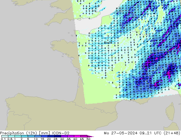 Precipitation (12h) ICON-D2 Po 27.05.2024 21 UTC