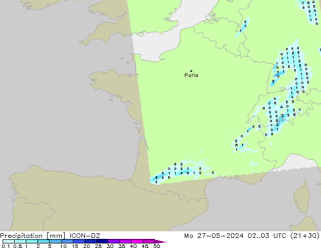 Precipitation ICON-D2 Mo 27.05.2024 03 UTC