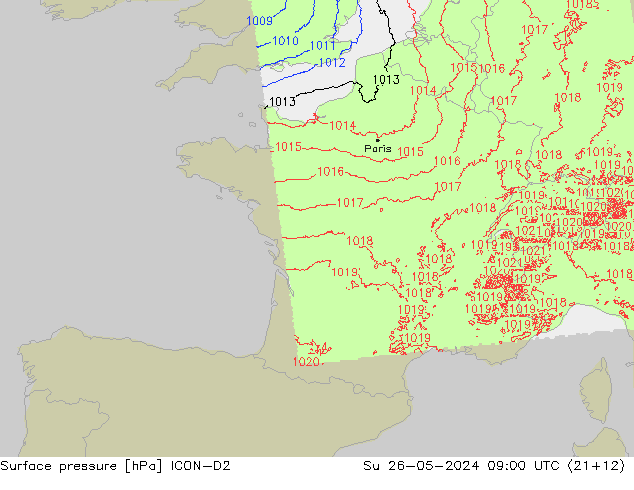 pressão do solo ICON-D2 Dom 26.05.2024 09 UTC