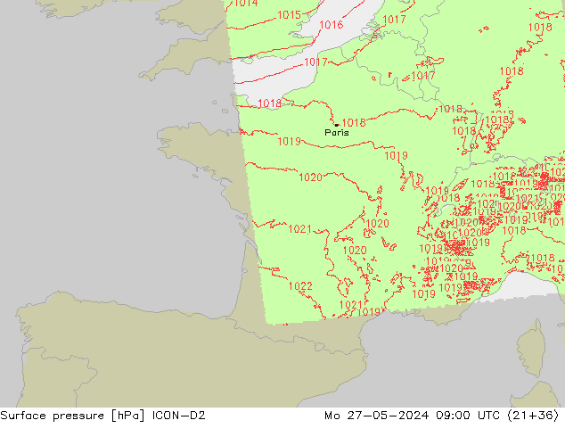 Presión superficial ICON-D2 lun 27.05.2024 09 UTC