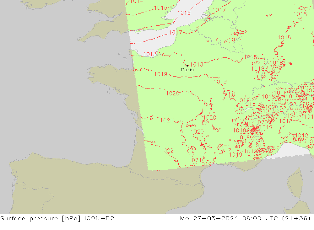 Atmosférický tlak ICON-D2 Po 27.05.2024 09 UTC