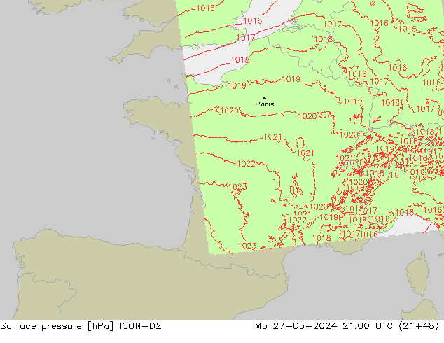 Pressione al suolo ICON-D2 lun 27.05.2024 21 UTC