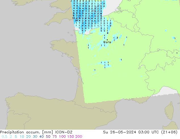Precipitation accum. ICON-D2 Вс 26.05.2024 03 UTC