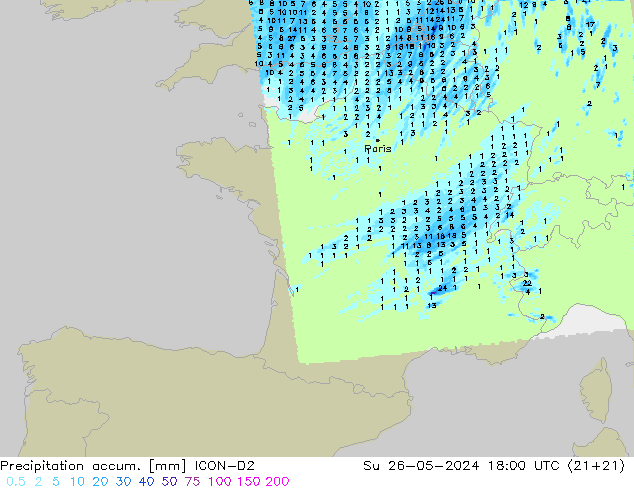 Totale neerslag ICON-D2 zo 26.05.2024 18 UTC