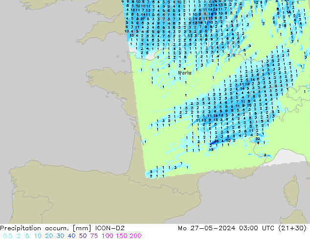 Precipitation accum. ICON-D2 Po 27.05.2024 03 UTC