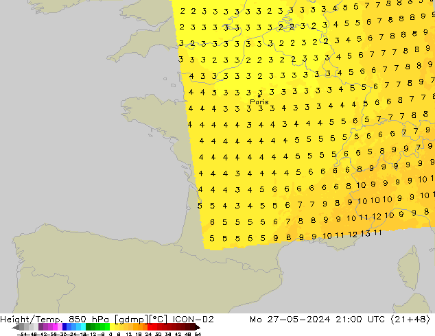 Géop./Temp. 850 hPa ICON-D2 lun 27.05.2024 21 UTC