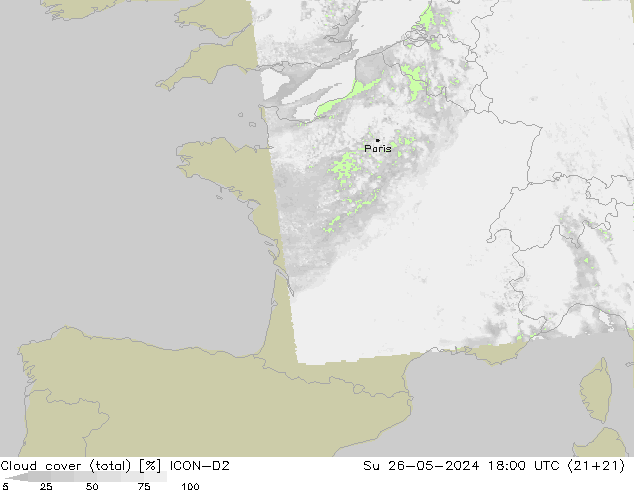 Cloud cover (total) ICON-D2 Su 26.05.2024 18 UTC