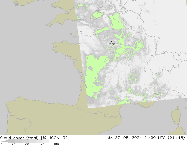 Nubes (total) ICON-D2 lun 27.05.2024 21 UTC