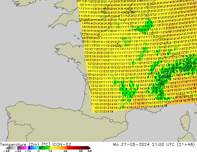 Temperature (2m) ICON-D2 Mo 27.05.2024 21 UTC