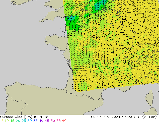 wiatr 10 m ICON-D2 nie. 26.05.2024 03 UTC