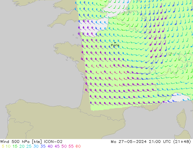 Vento 500 hPa ICON-D2 lun 27.05.2024 21 UTC