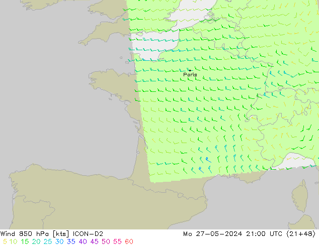 Wind 850 hPa ICON-D2 Po 27.05.2024 21 UTC