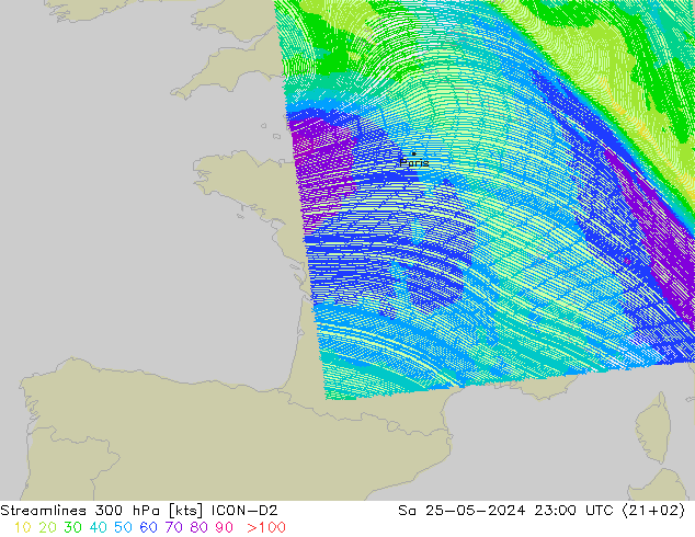 Streamlines 300 hPa ICON-D2 Sa 25.05.2024 23 UTC