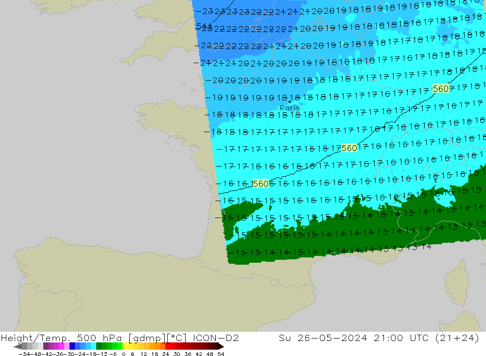 Height/Temp. 500 hPa ICON-D2 Dom 26.05.2024 21 UTC