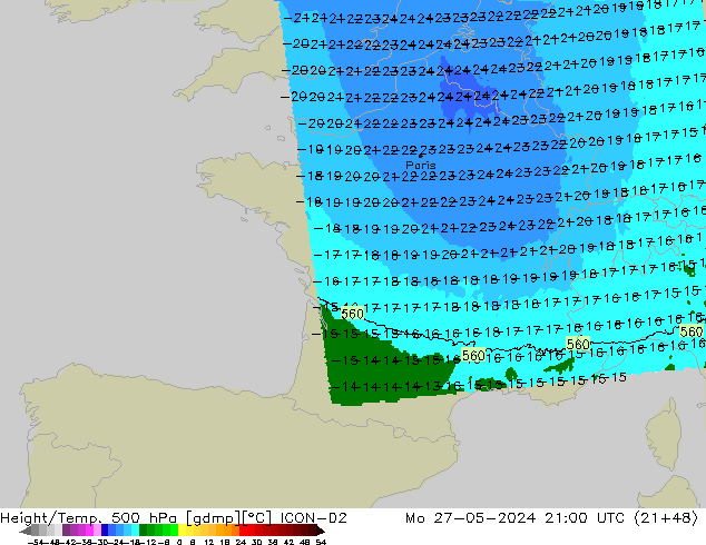 Géop./Temp. 500 hPa ICON-D2 lun 27.05.2024 21 UTC