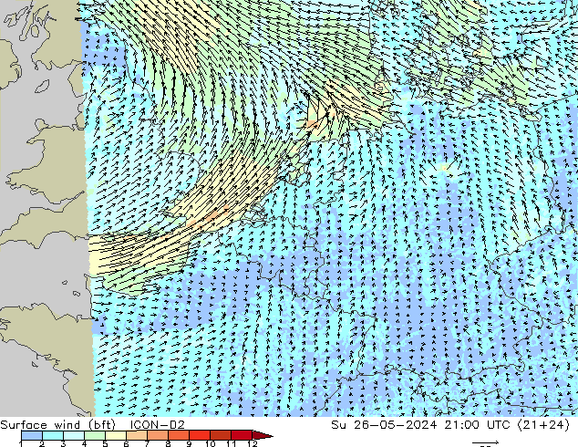 ве�Bе�@ 10 m (bft) ICON-D2 Вс 26.05.2024 21 UTC