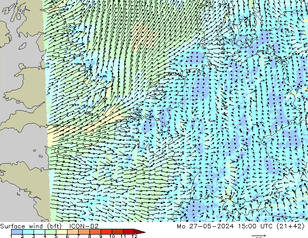 Bodenwind (bft) ICON-D2 Mo 27.05.2024 15 UTC