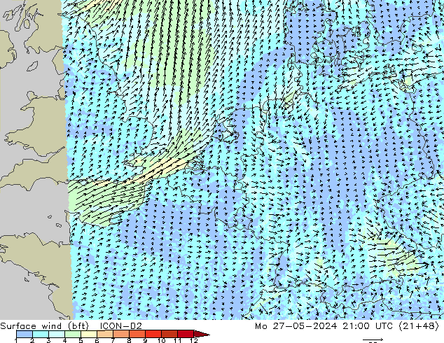 Vent 10 m (bft) ICON-D2 lun 27.05.2024 21 UTC