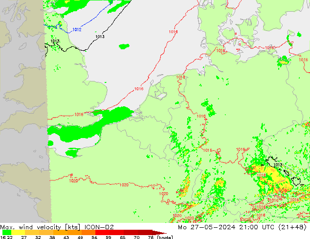 Windböen ICON-D2 Mo 27.05.2024 21 UTC