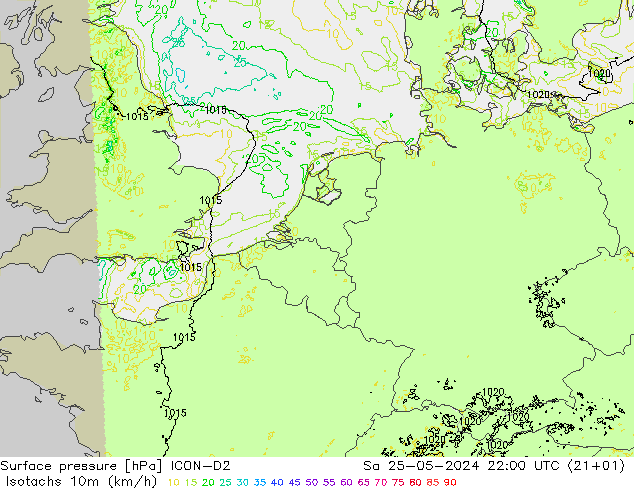 Isotachs (kph) ICON-D2 Sa 25.05.2024 22 UTC