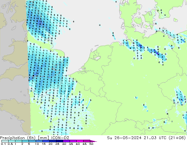 Precipitation (6h) ICON-D2 Su 26.05.2024 03 UTC