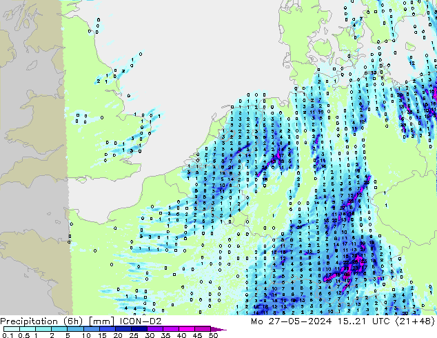 Precipitation (6h) ICON-D2 Mo 27.05.2024 21 UTC