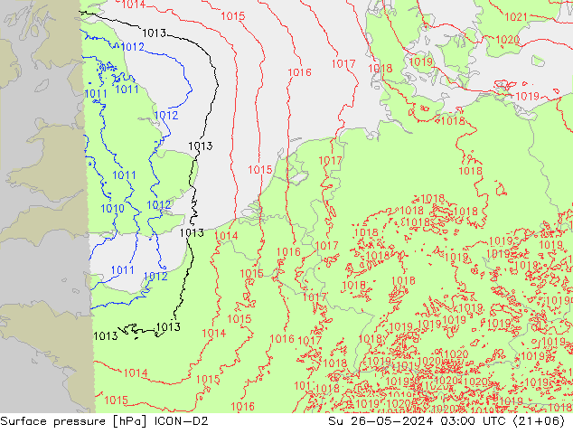 Presión superficial ICON-D2 dom 26.05.2024 03 UTC