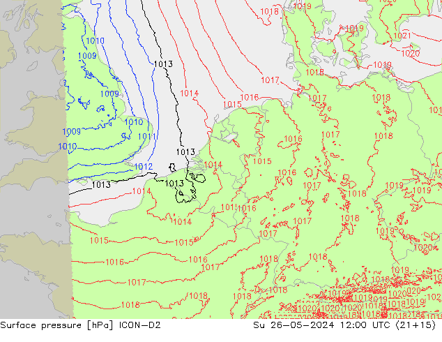 Pressione al suolo ICON-D2 dom 26.05.2024 12 UTC
