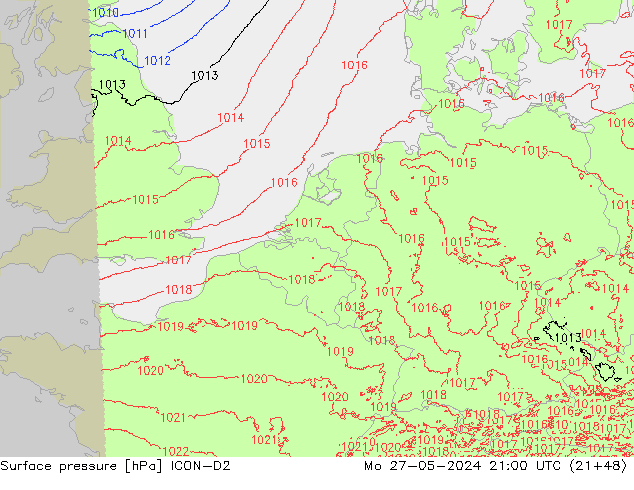 Luchtdruk (Grond) ICON-D2 ma 27.05.2024 21 UTC