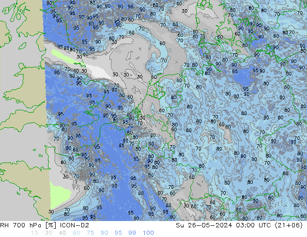 RH 700 hPa ICON-D2 Su 26.05.2024 03 UTC