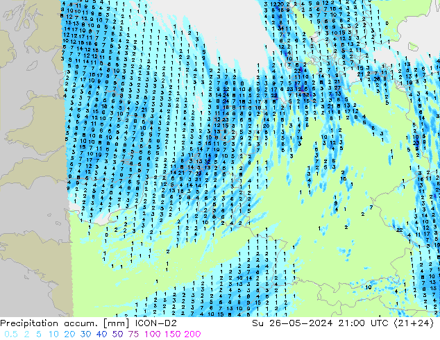 Precipitation accum. ICON-D2 Dom 26.05.2024 21 UTC