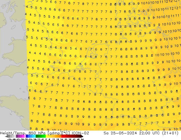 Height/Temp. 850 hPa ICON-D2 so. 25.05.2024 22 UTC