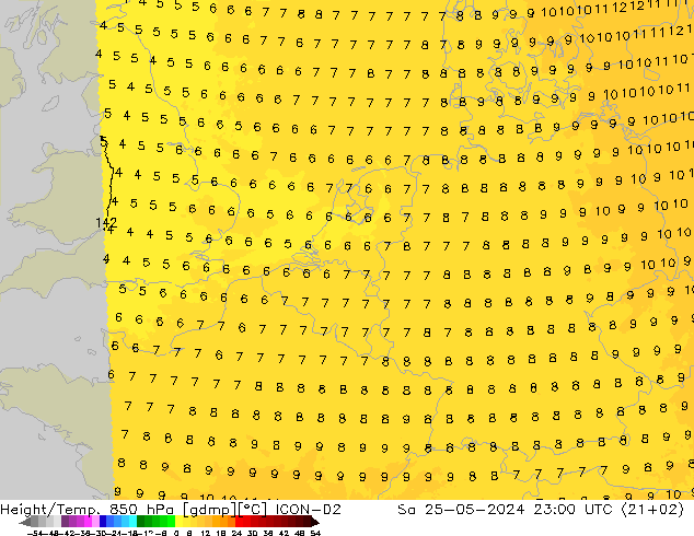 Height/Temp. 850 hPa ICON-D2 Sa 25.05.2024 23 UTC