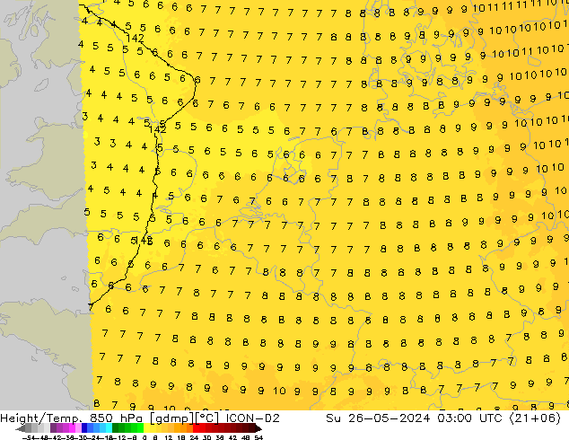 Height/Temp. 850 hPa ICON-D2 So 26.05.2024 03 UTC