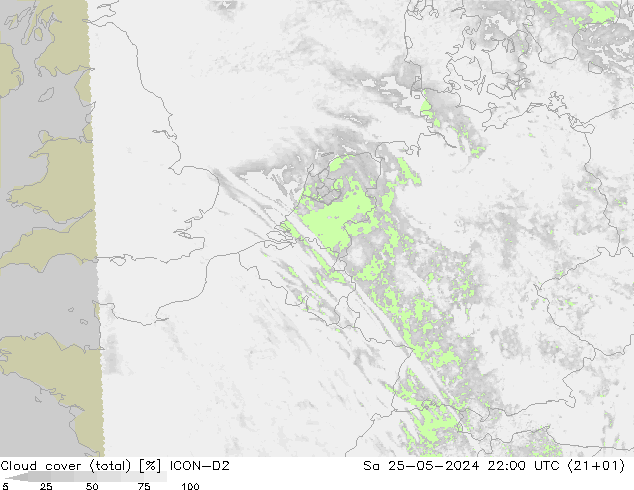 Cloud cover (total) ICON-D2 Sa 25.05.2024 22 UTC