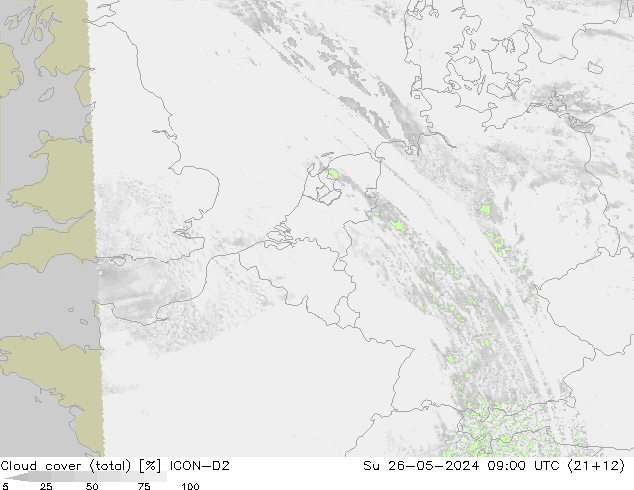 Cloud cover (total) ICON-D2 Su 26.05.2024 09 UTC