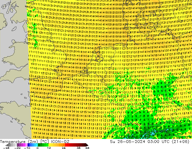 Temperature (2m) ICON-D2 Su 26.05.2024 03 UTC