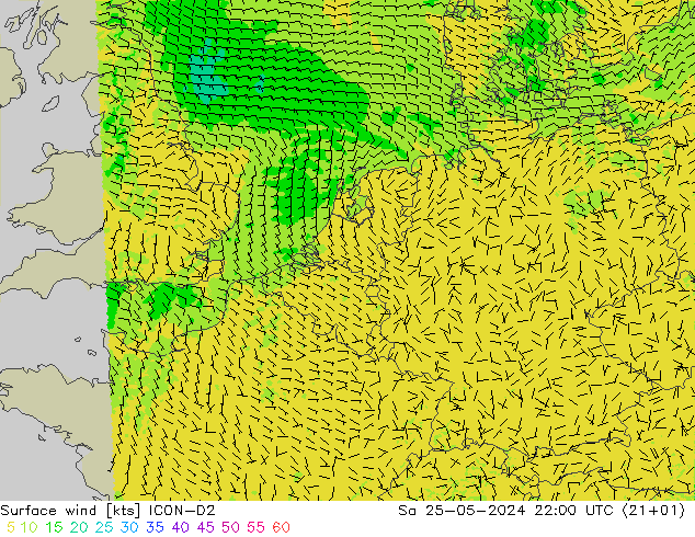 wiatr 10 m ICON-D2 so. 25.05.2024 22 UTC