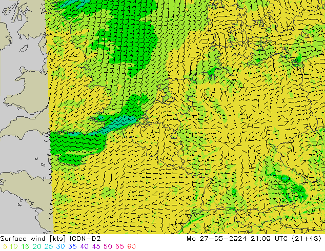 Surface wind ICON-D2 Mo 27.05.2024 21 UTC