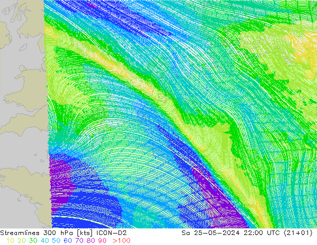 Linia prądu 300 hPa ICON-D2 so. 25.05.2024 22 UTC