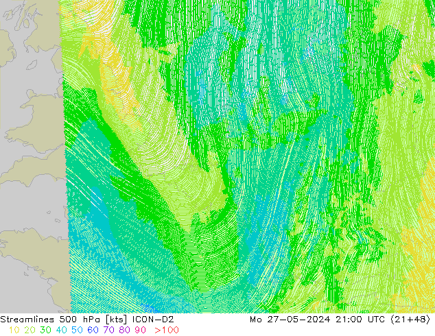 Streamlines 500 hPa ICON-D2 Mo 27.05.2024 21 UTC