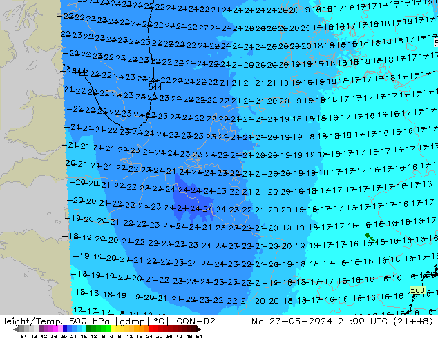 Geop./Temp. 500 hPa ICON-D2 lun 27.05.2024 21 UTC