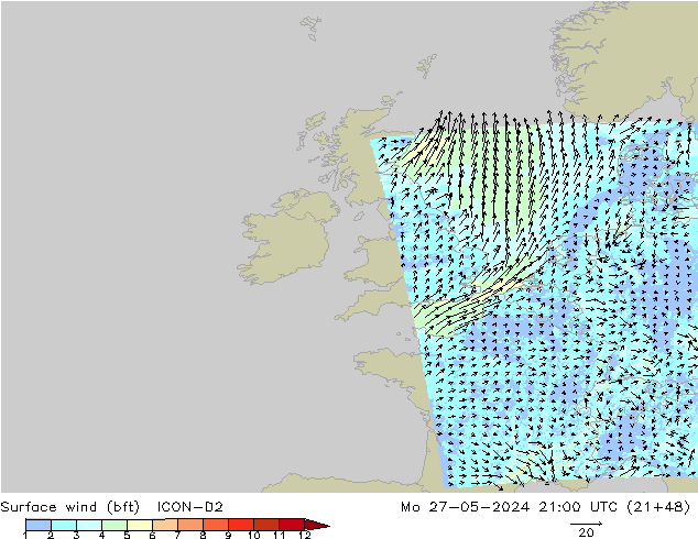 Vento 10 m (bft) ICON-D2 Seg 27.05.2024 21 UTC