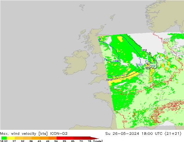 Max. wind velocity ICON-D2 Su 26.05.2024 18 UTC