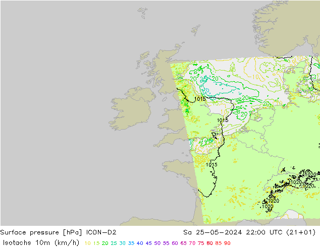 Isotachs (kph) ICON-D2 Sa 25.05.2024 22 UTC