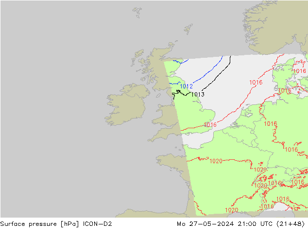 Pressione al suolo ICON-D2 lun 27.05.2024 21 UTC