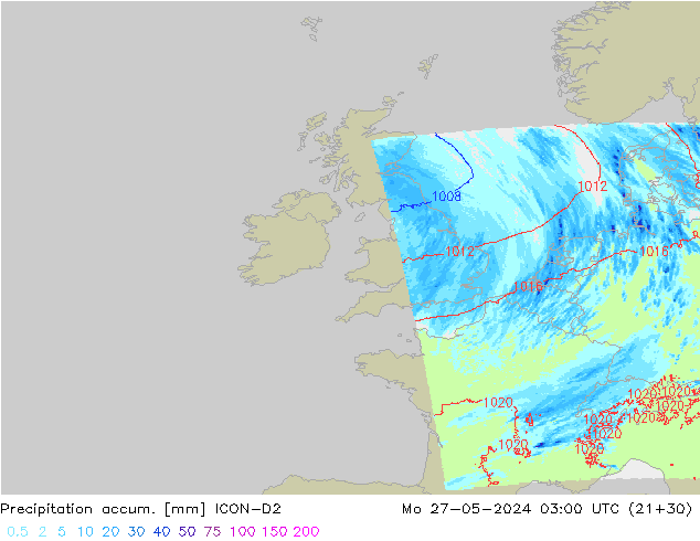 Precipitation accum. ICON-D2 Mo 27.05.2024 03 UTC