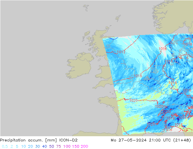 Precipitation accum. ICON-D2 пн 27.05.2024 21 UTC
