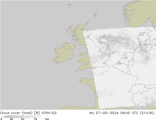 Cloud cover (total) ICON-D2 Mo 27.05.2024 09 UTC
