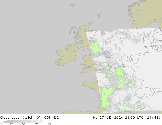 Cloud cover (total) ICON-D2 Mo 27.05.2024 21 UTC